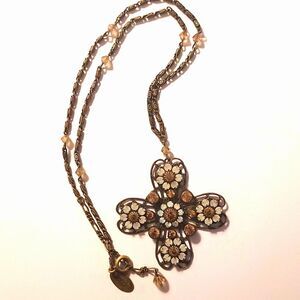 Liz Palacios cross pendant necklace  bronze and amber vintage